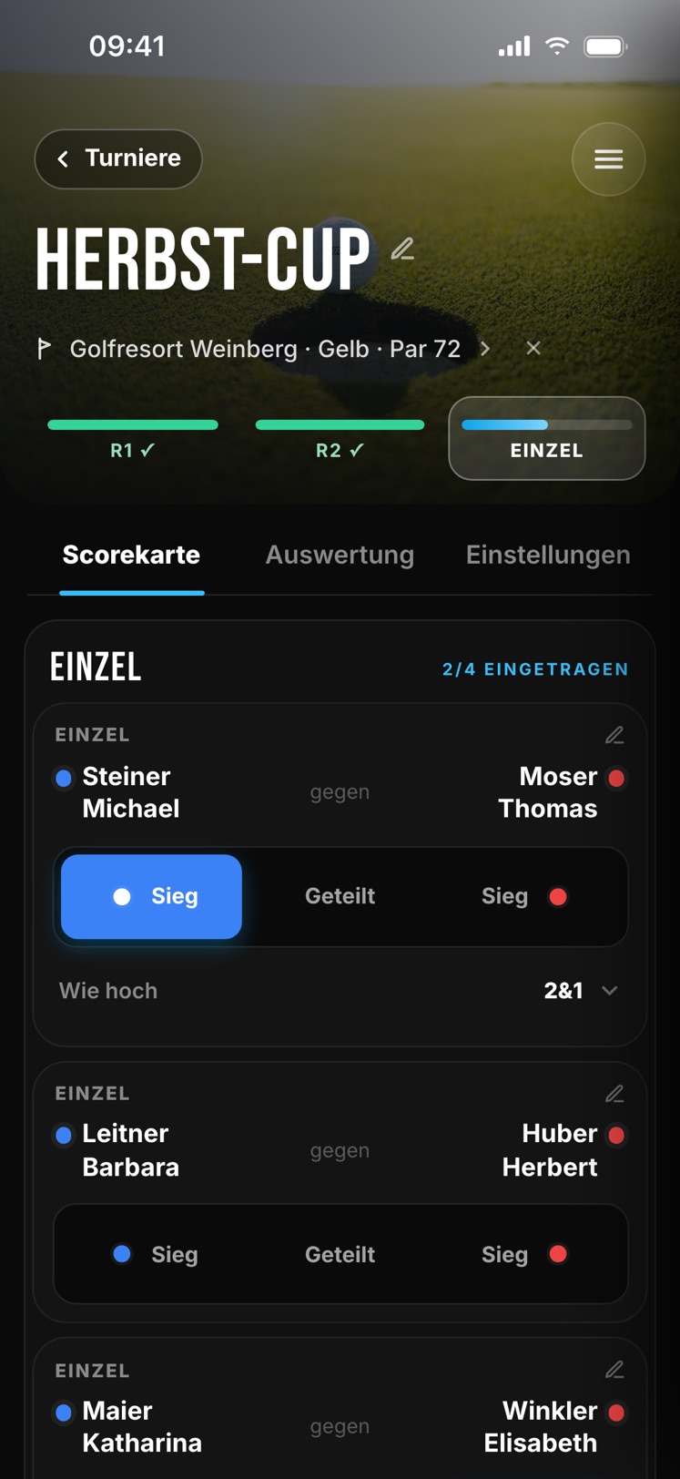 Scorekarte im Matchplay in Fore Friends: Ergebnis je Match mit Sieg oder Geteilt